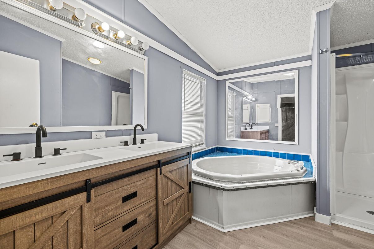 Bathroom, Dual Sink Vanities, Glass Shower, Interior, Wood Texture Flooring