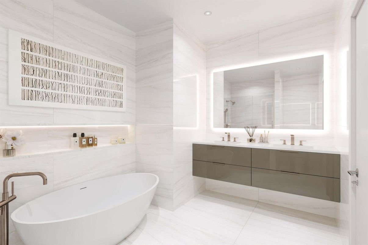Bathroom, Dual Sink Vanities, Free Standing Baths, Interior, Marble Walls, Recessed Lighting