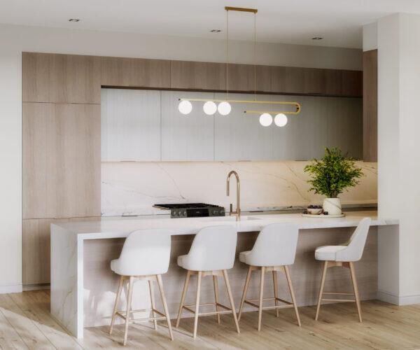 Interior, Kitchen, Marble Walls, Pendant Lights, Recessed Lighting, Wood Texture Flooring