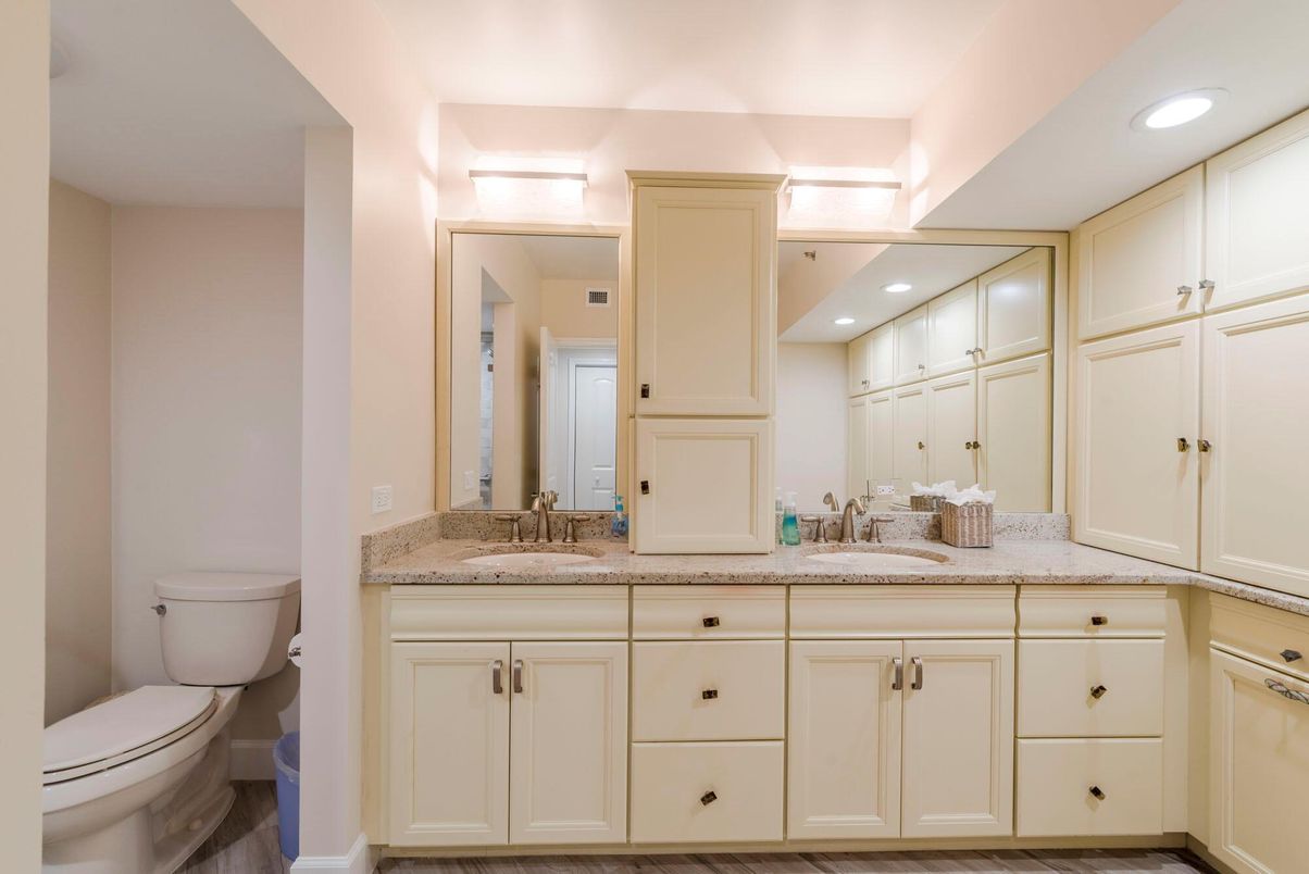 Bathroom, Dual Sink Vanities, Interior, Recessed Lighting, Wood Texture Flooring