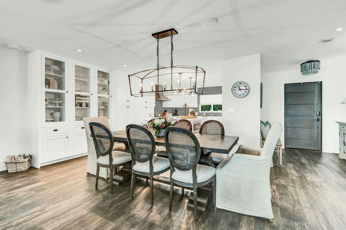 Dining room, Interior, Pendant Lights, Recessed Lighting, Wood Texture Flooring