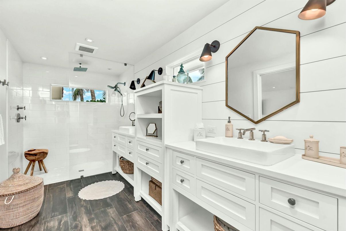Bathroom, Dual Sink Vanities, Glass Shower, Interior, Recessed Lighting, Wood Texture Flooring