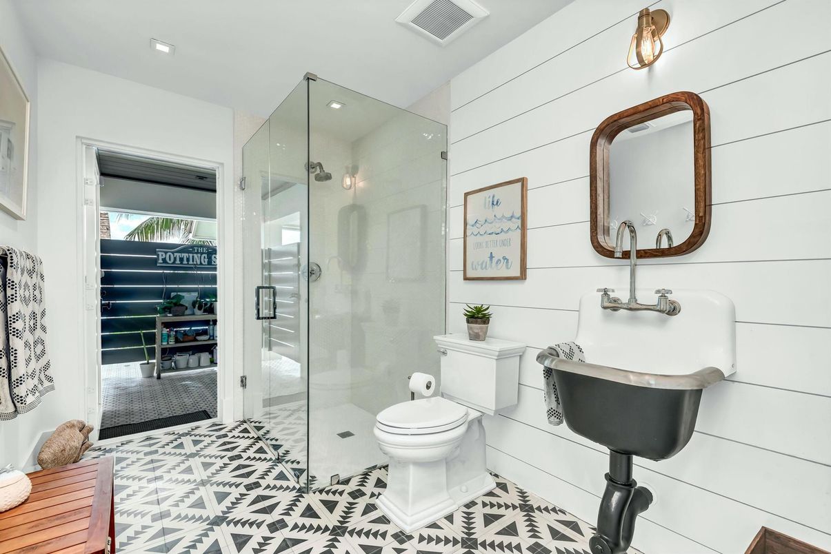 Bathroom, Glass Shower, Interior, Recessed Lighting, Wood Texture Flooring
