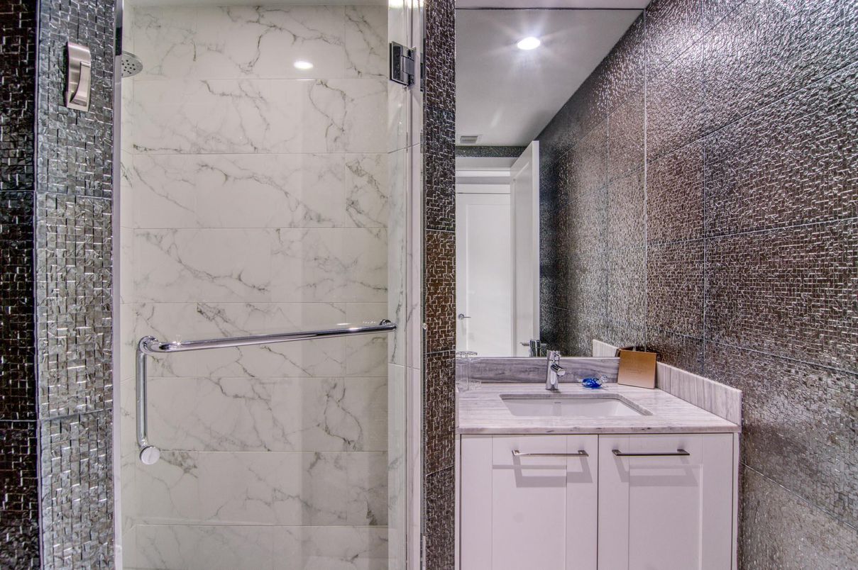 Bathroom, Glass Shower, Interior, Marble Walls, Recessed Lighting