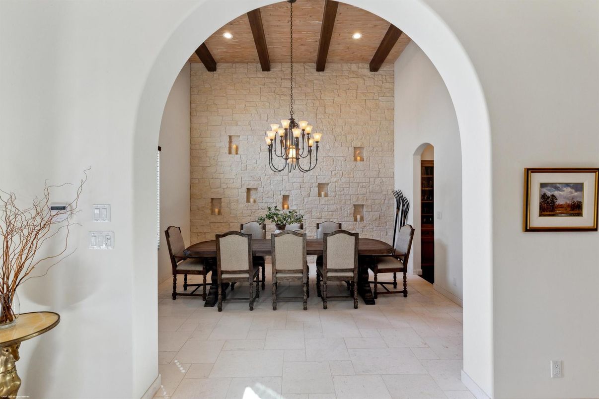 Chandelier, Dining room, Interior, Recessed Lighting, Stone Walls, Wooden Beams, Wooden Ceilings