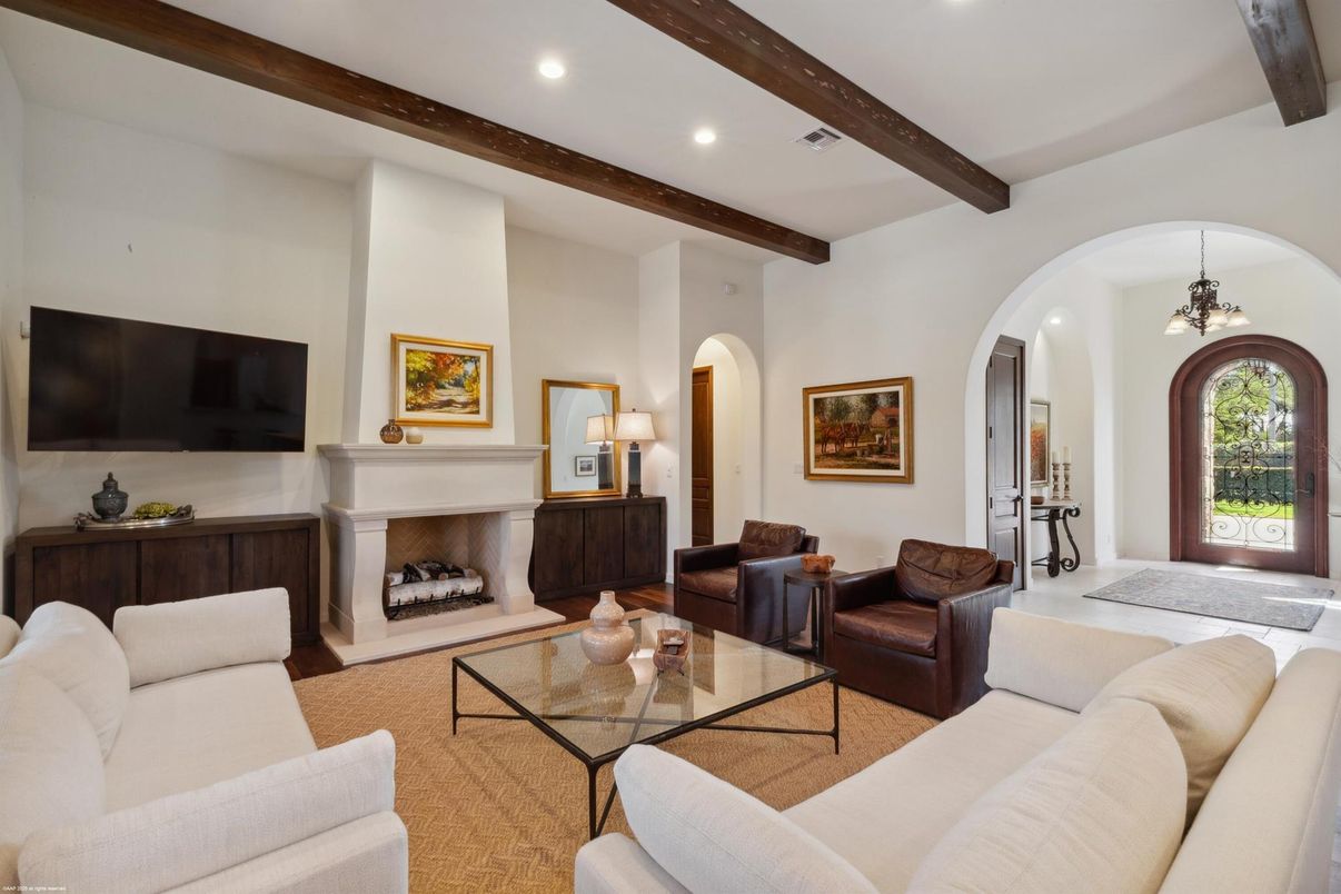 Fireplace, Interior, Living room, Pendant Lights, Recessed Lighting, Wooden Beams