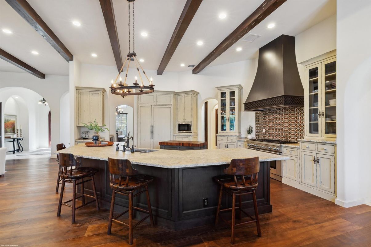 Chandelier, Interior, Kitchen, Pendant Lights, Recessed Lighting, Stainless Steel Appliances, Wooden Beams, Wood Texture Flooring