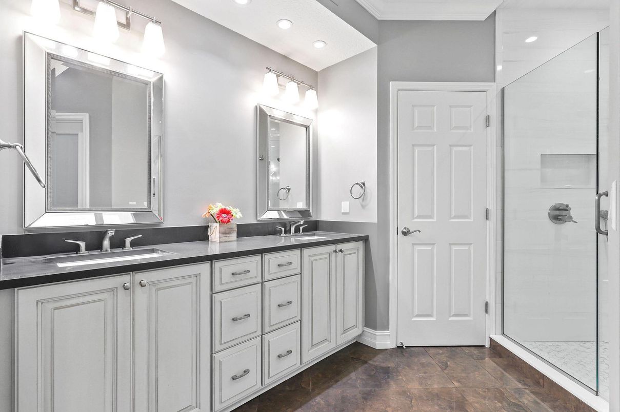 Bathroom, Dual Sink Vanities, Glass Shower, Interior, Recessed Lighting