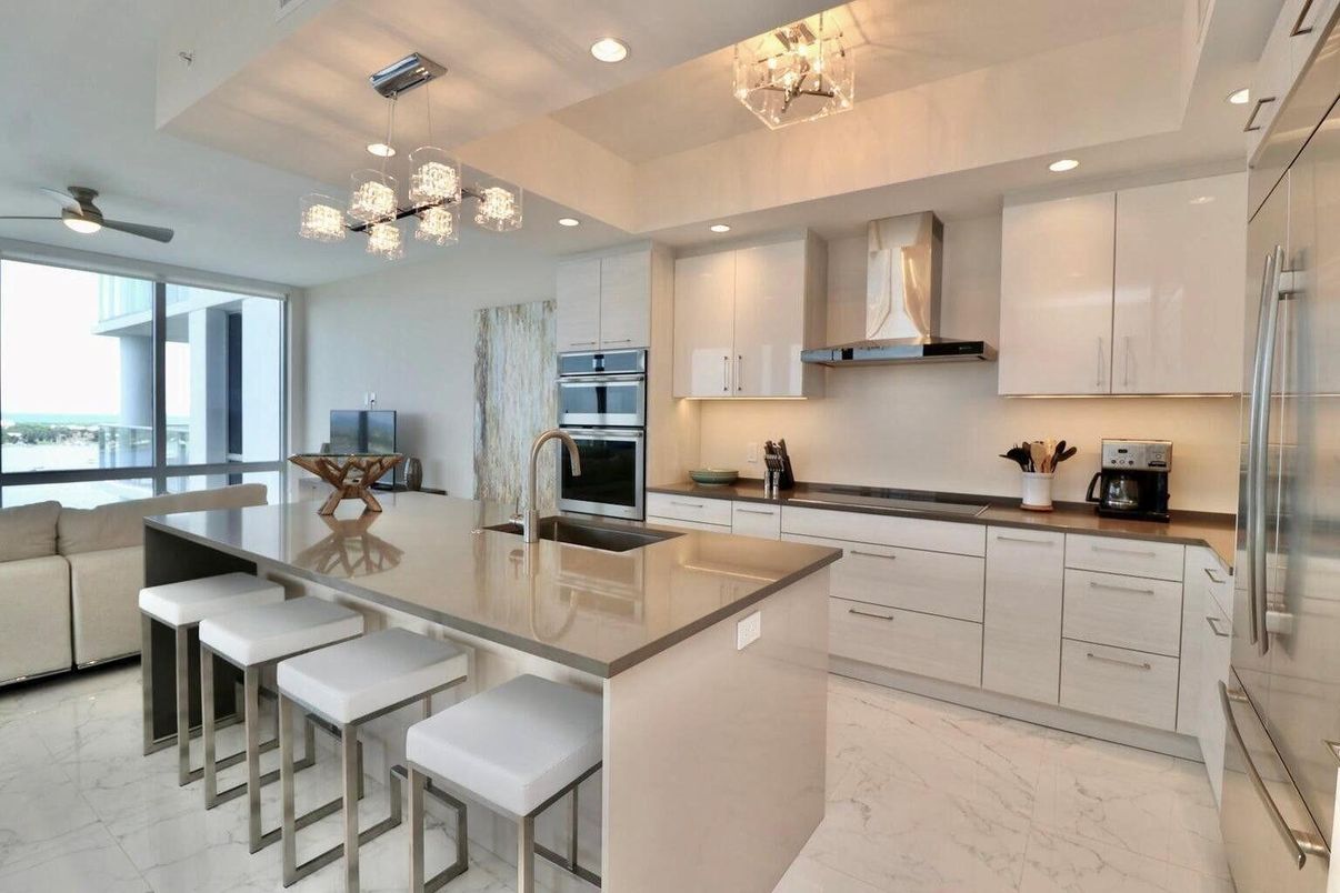 Interior, Kitchen, Marble, Pendant Lights, Recessed Lighting, Stainless Steel Appliances