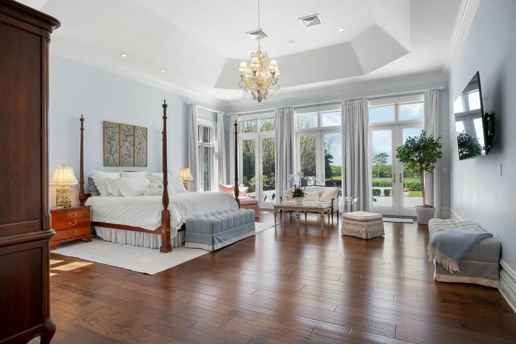 Bedroom, Chandelier, Interior, Recessed Lighting, Wood Texture Flooring