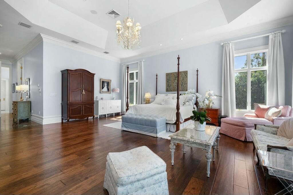 Bedroom, Chandelier, Interior, Recessed Lighting, Wood Texture Flooring