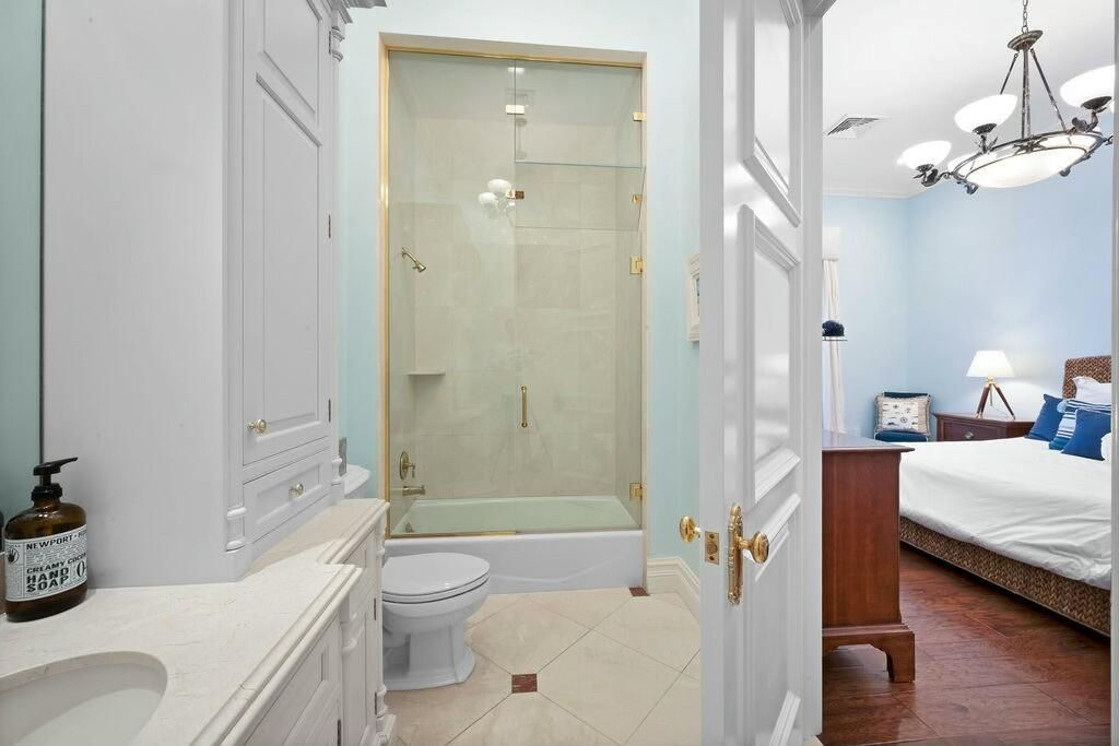 Bathroom, Bedroom, Glass Shower, Interior, Pendant Lights