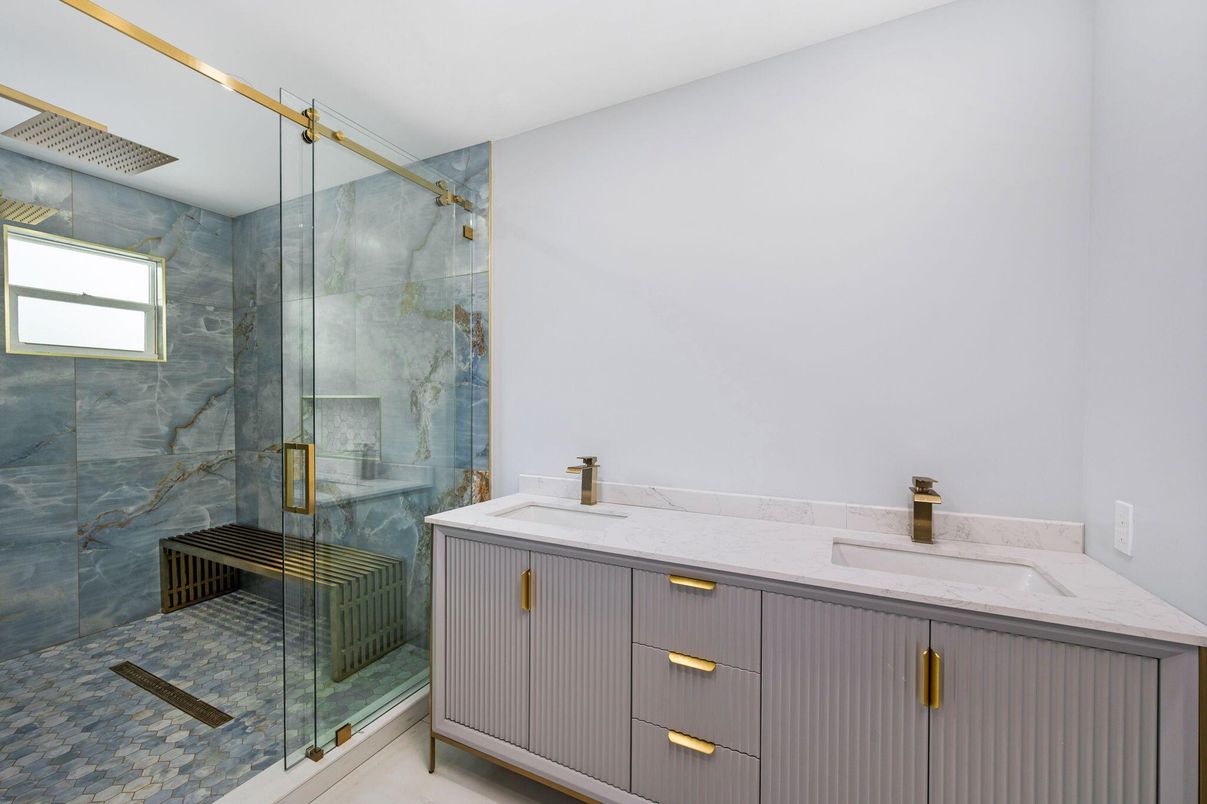 Bathroom, Dual Sink Vanities, Glass Shower, Interior, Marble Walls
