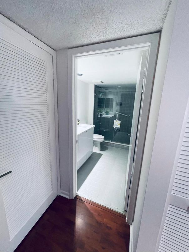 Bathroom, Glass Shower, Interior, Wood Texture Flooring