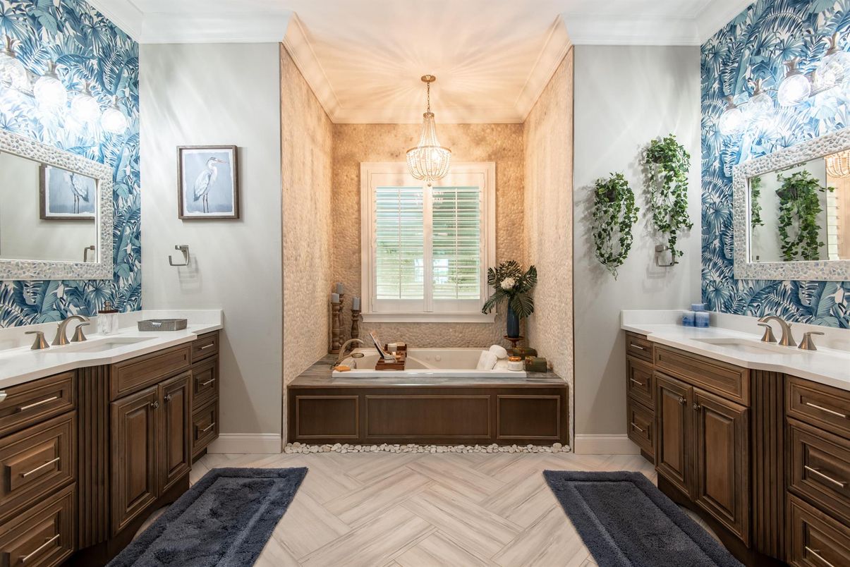Bathroom, Chandelier, Dual Sink Vanities, Interior, Pendant Lights, Wood Texture Flooring