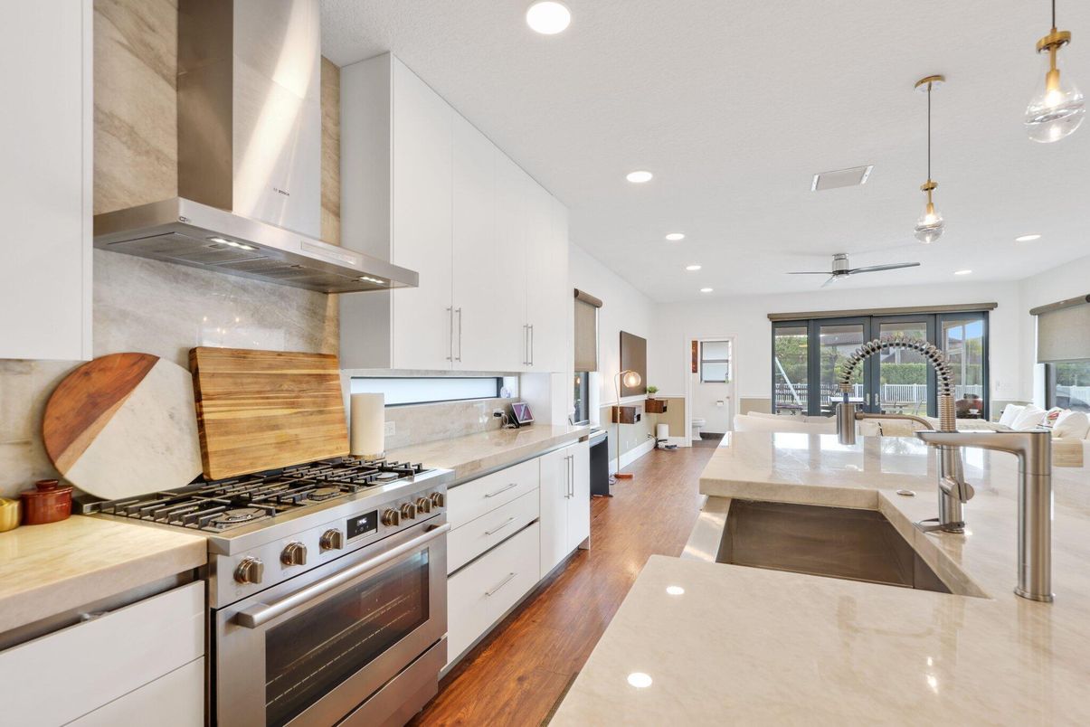 Interior, Kitchen, Pendant Lights, Recessed Lighting, Stainless Steel Appliances, Wood Texture Flooring