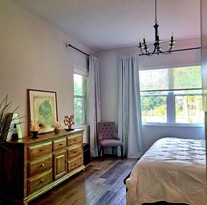 Bedroom, Chandelier, Interior, Wood Texture Flooring