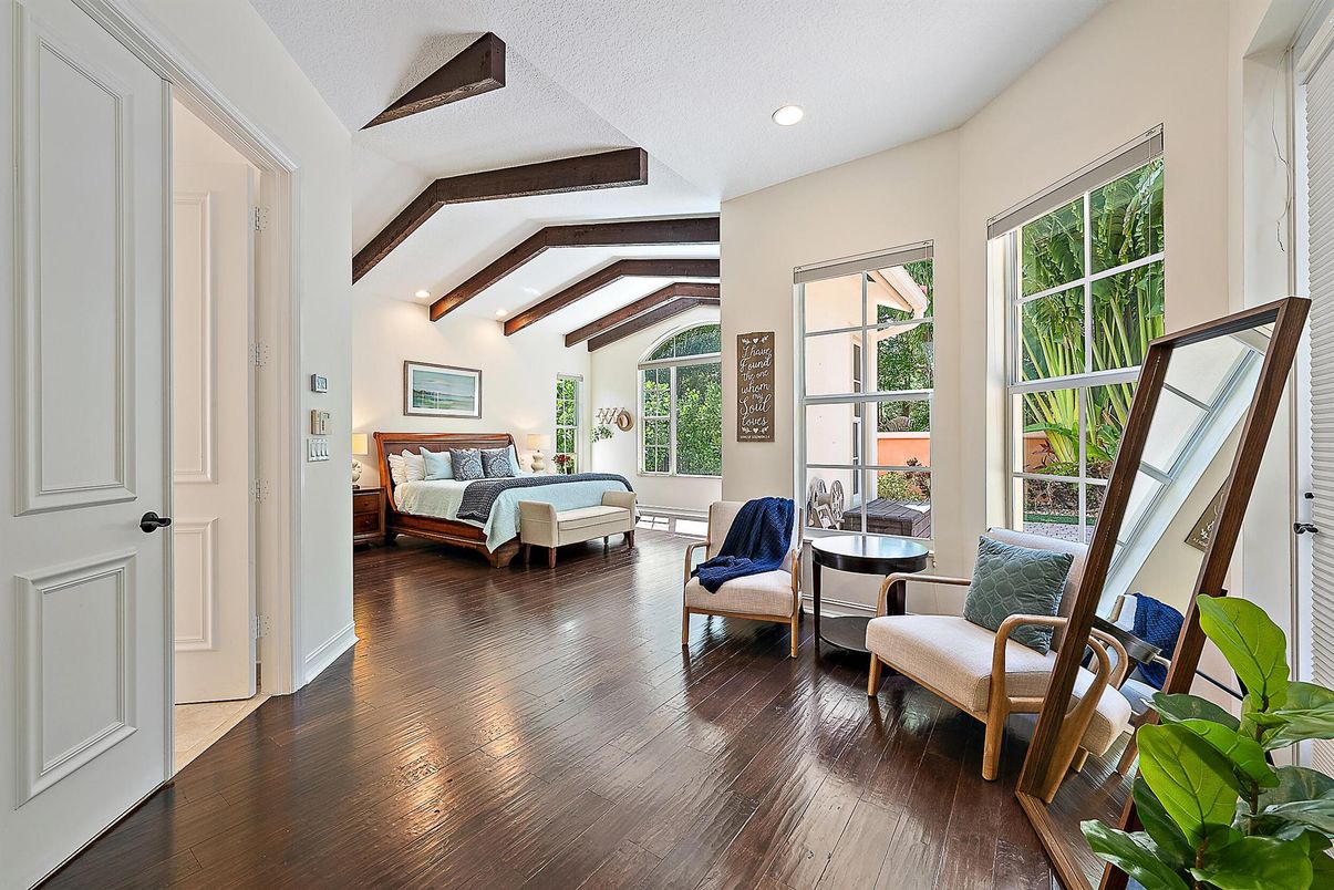 Bedroom, Interior, Recessed Lighting, Wooden Beams, Wood Texture Flooring