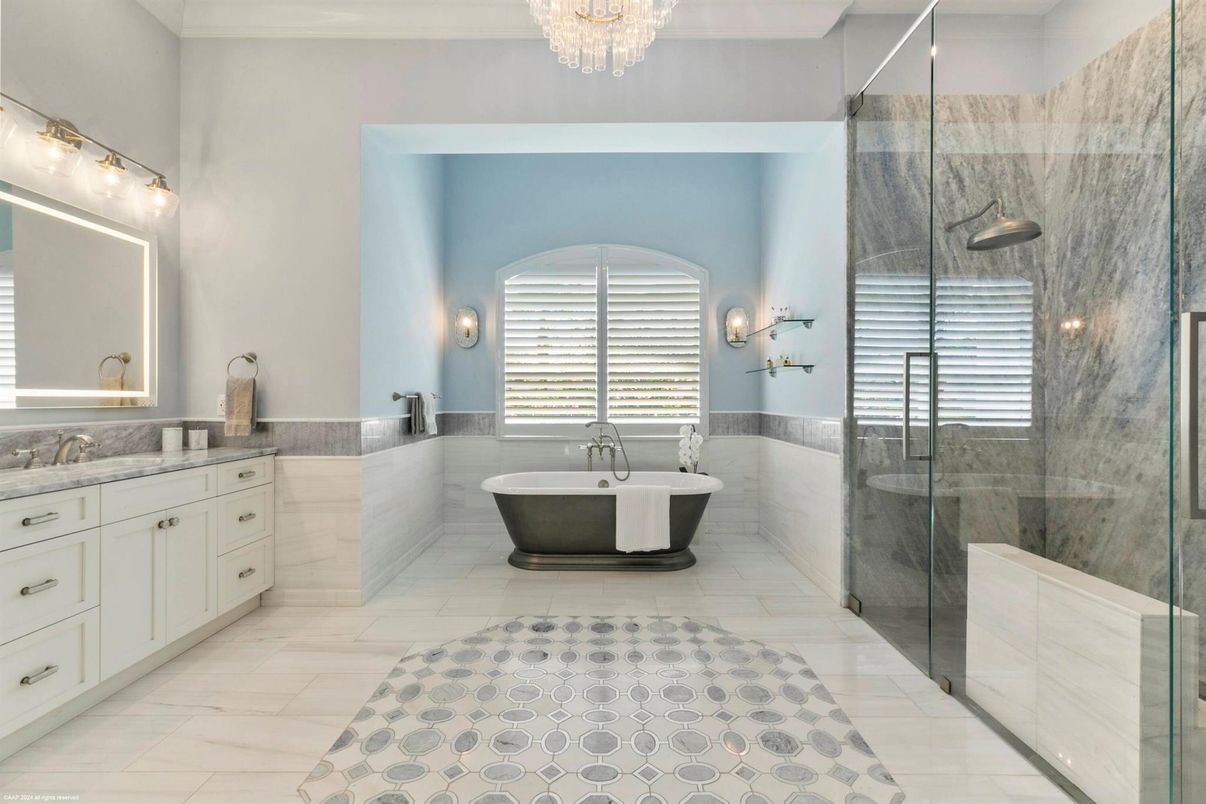 Bathroom, Chandelier, Free Standing Baths, Glass Shower, Interior