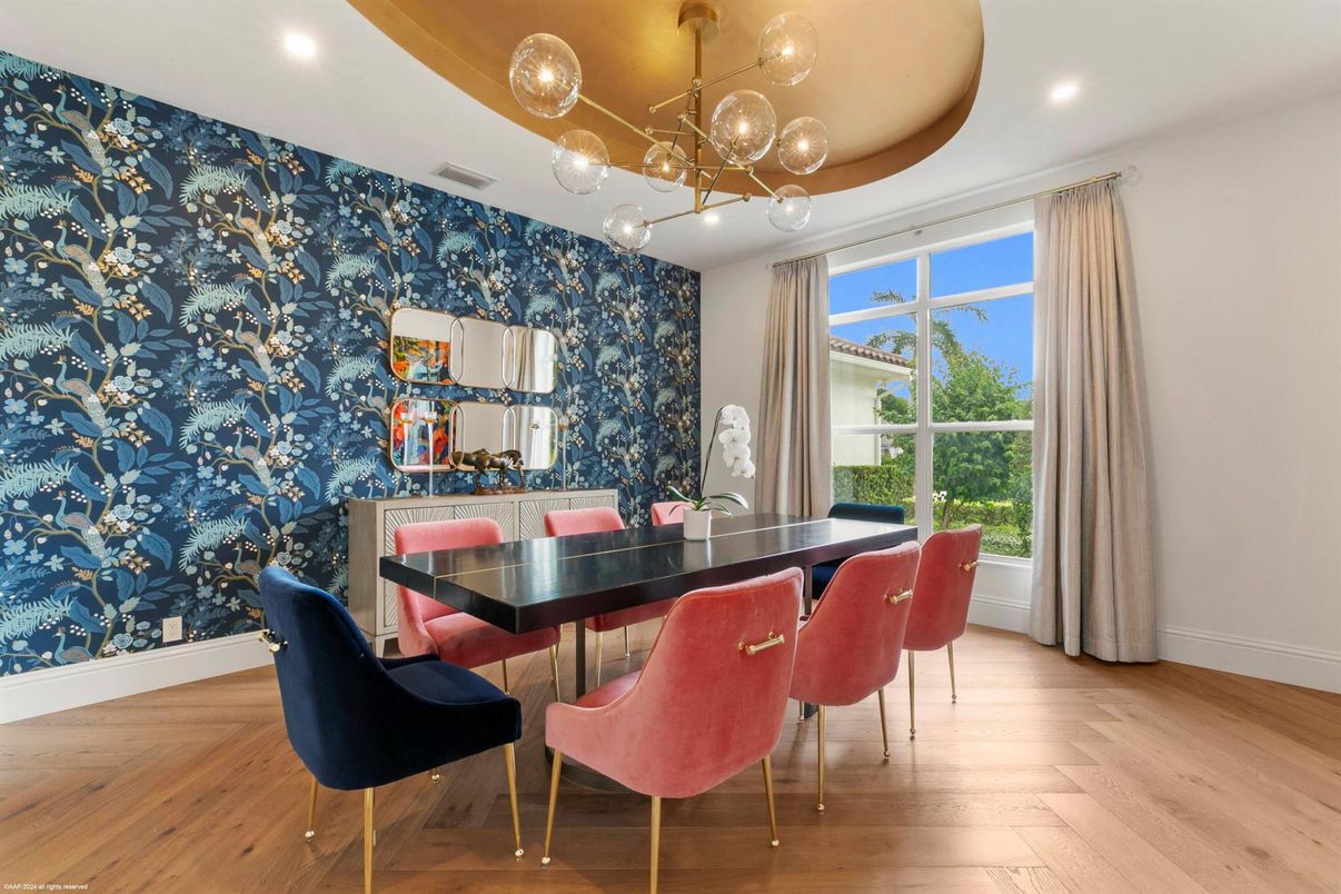 Dining room, Interior, Pendant Lights, Recessed Lighting, Wood Texture Flooring