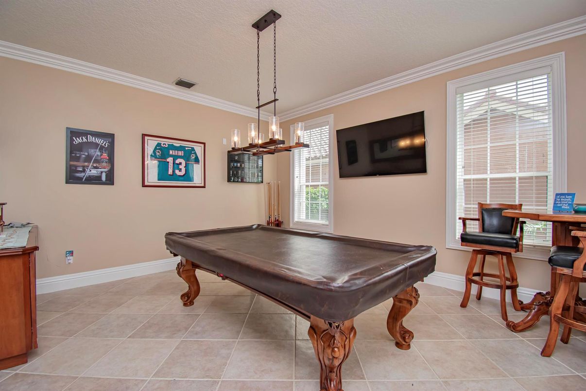 Billiard Table, Game Room, Interior, Pendant Lights