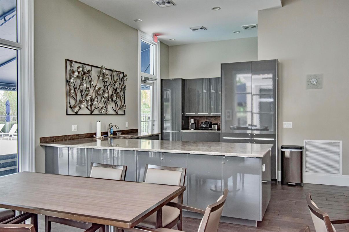 Dining room, Interior, Kitchen, Recessed Lighting, Stainless Steel Appliances, Wood Texture Flooring