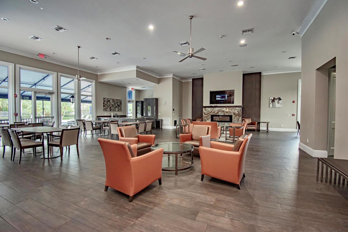 Dining room, Fireplace, Interior, Living room, Pendant Lights, Recessed Lighting, Wood Texture Flooring