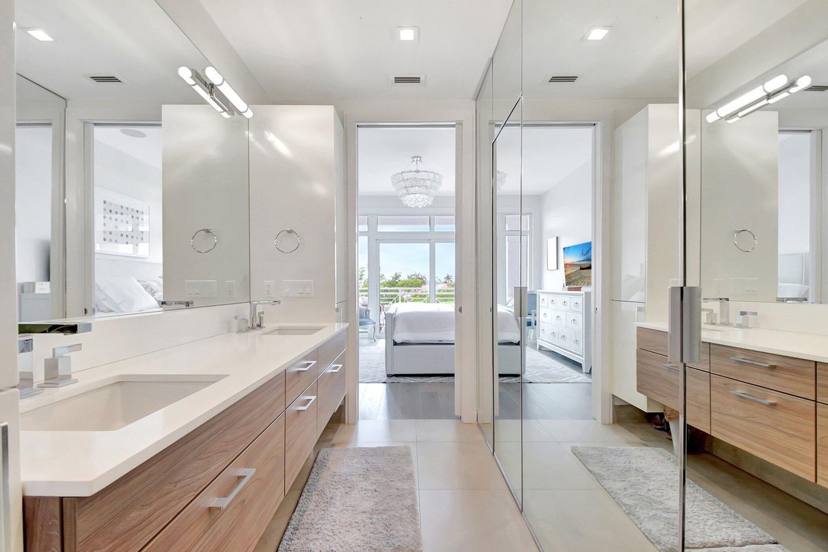 Bathroom, Bedroom, Chandelier, Dual Sink Vanities, Interior, Recessed Lighting, Wood Texture Flooring