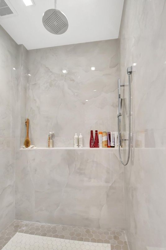 Bathroom, Glass Shower, Interior, Marble Walls, Recessed Lighting