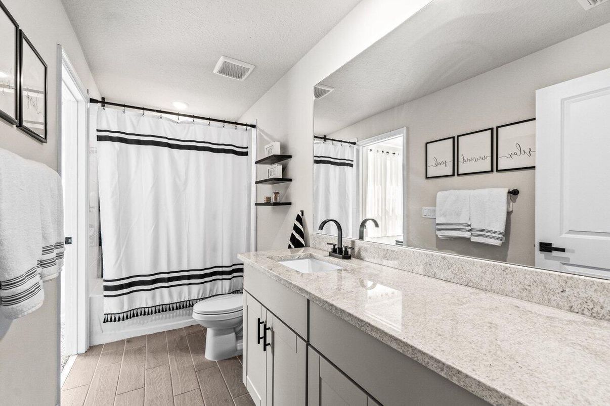 Bathroom, Dual Sink Vanities, Interior, Recessed Lighting, Wood Texture Flooring