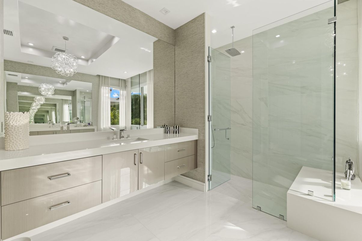 Bathroom, Chandelier, Dual Sink Vanities, Glass Shower, Interior, Marble Walls, Recessed Lighting