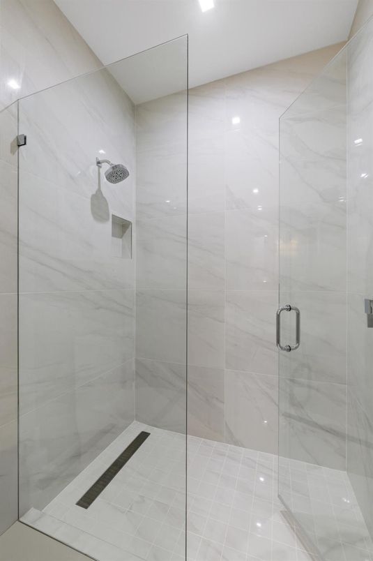 Bathroom, Glass Shower, Interior, Marble Walls, Recessed Lighting