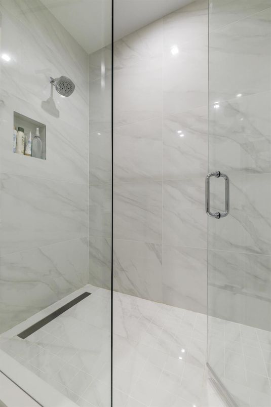 Bathroom, Glass Shower, Interior, Marble Walls, Recessed Lighting