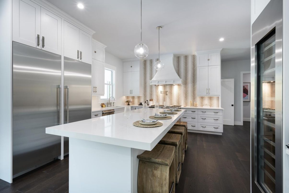 Interior, Kitchen, Pendant Lights, Recessed Lighting, Stainless Steel Appliances, Wood Texture Flooring