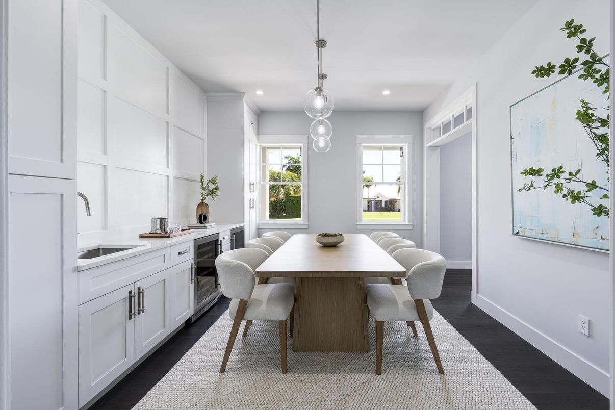 Dining room, Interior, Pendant Lights, Recessed Lighting, Wood Texture Flooring