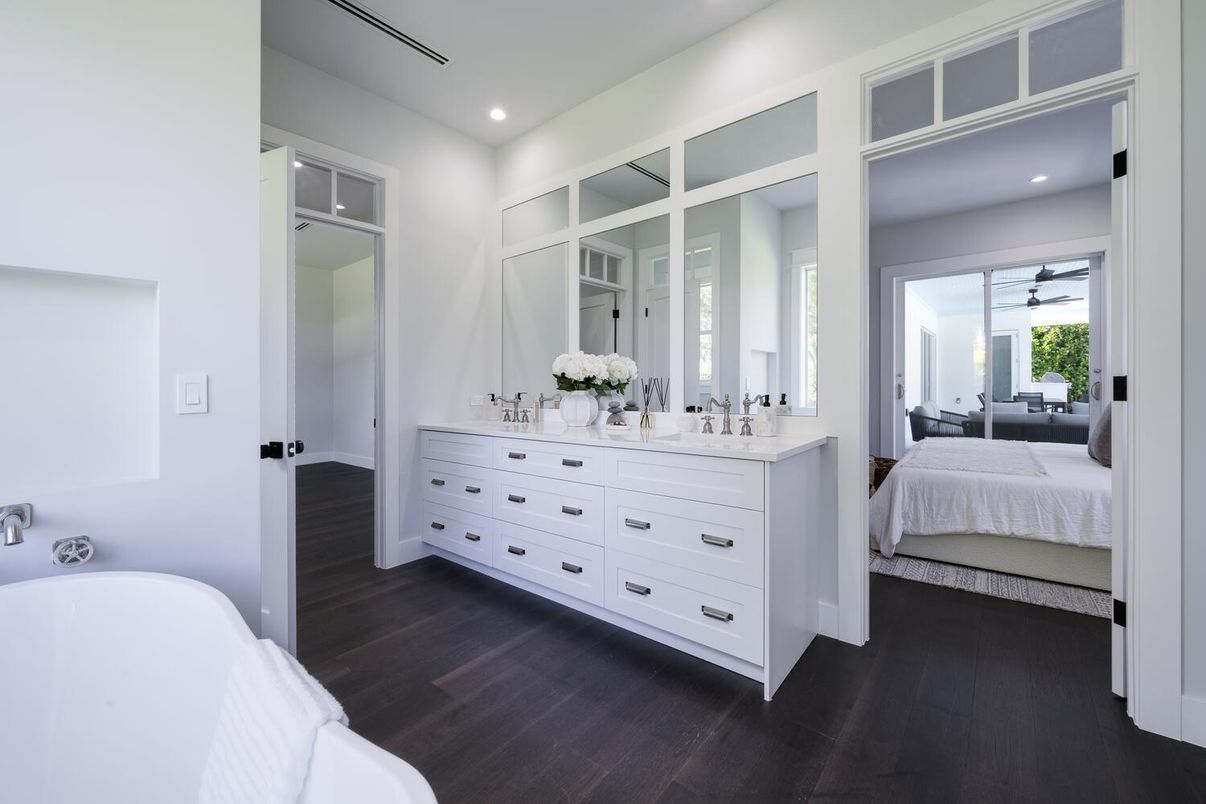 Bathroom, Bedroom, Dual Sink Vanities, Free Standing Baths, Interior, Recessed Lighting, Wood Texture Flooring