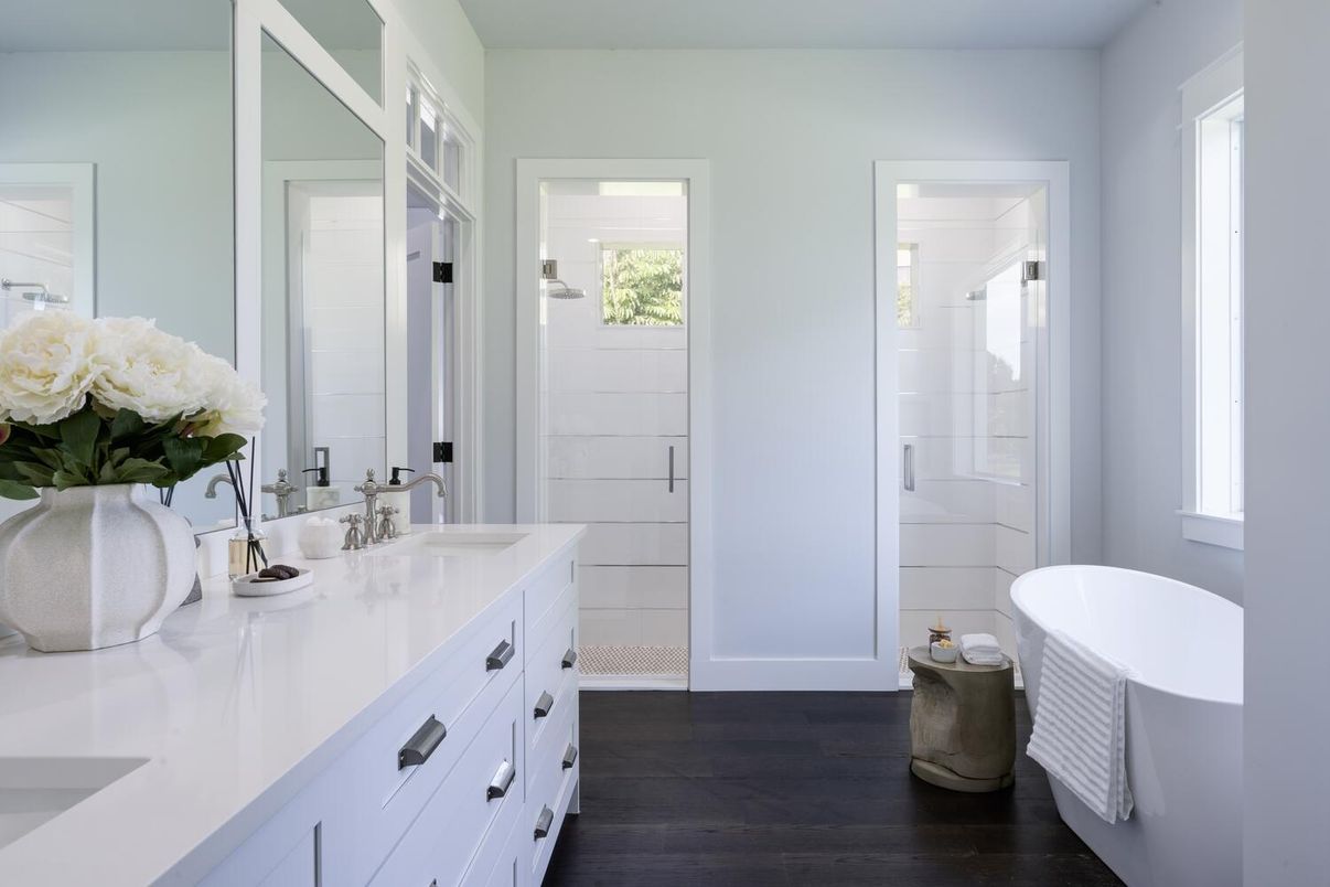 Bathroom, Dual Sink Vanities, Free Standing Baths, Interior, Wood Texture Flooring