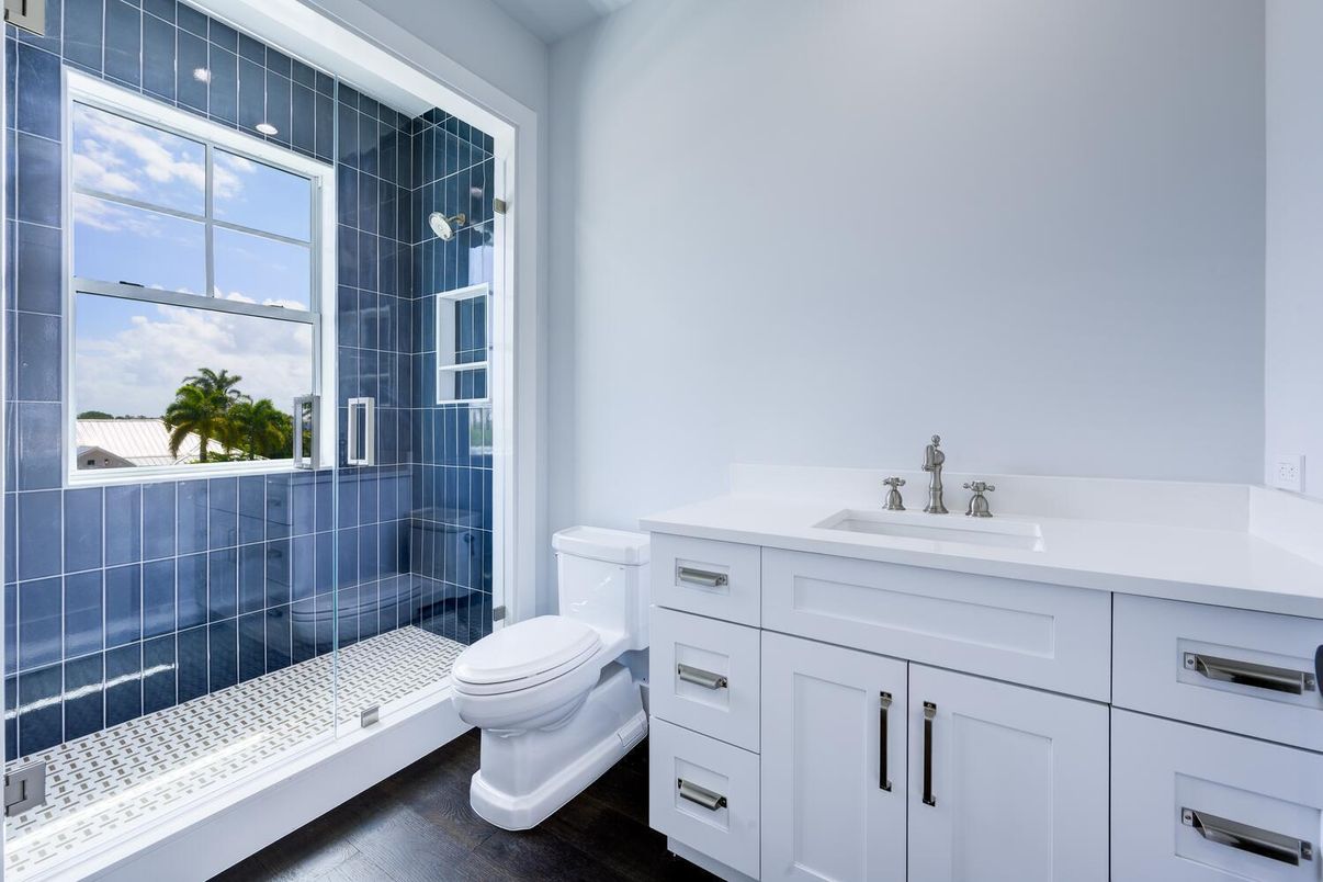 Bathroom, Glass Shower, Interior, Wood Texture Flooring