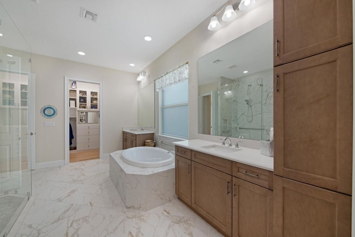 Bathroom, Dual Sink Vanities, Glass Shower, Interior, Marble, Recessed Lighting