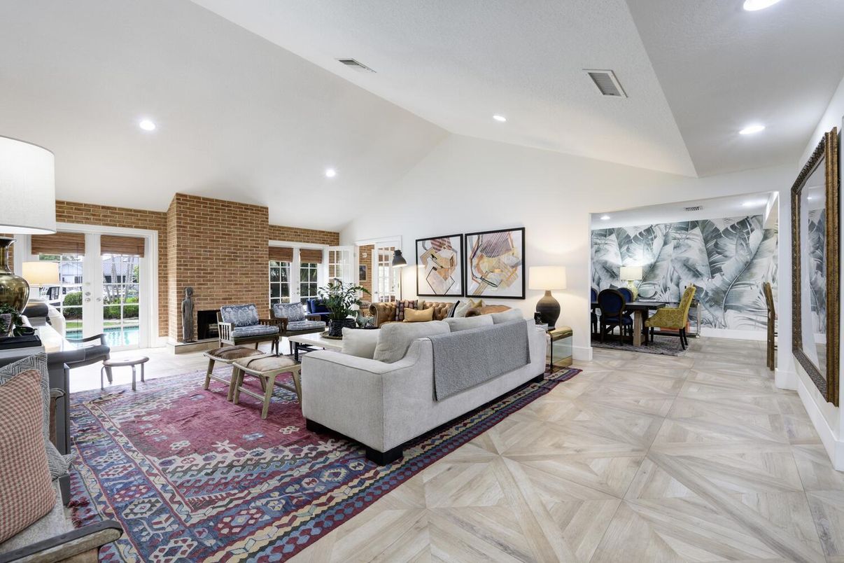 Fireplace, Interior, Living room, Recessed Lighting, Stone Walls, Wood Texture Flooring