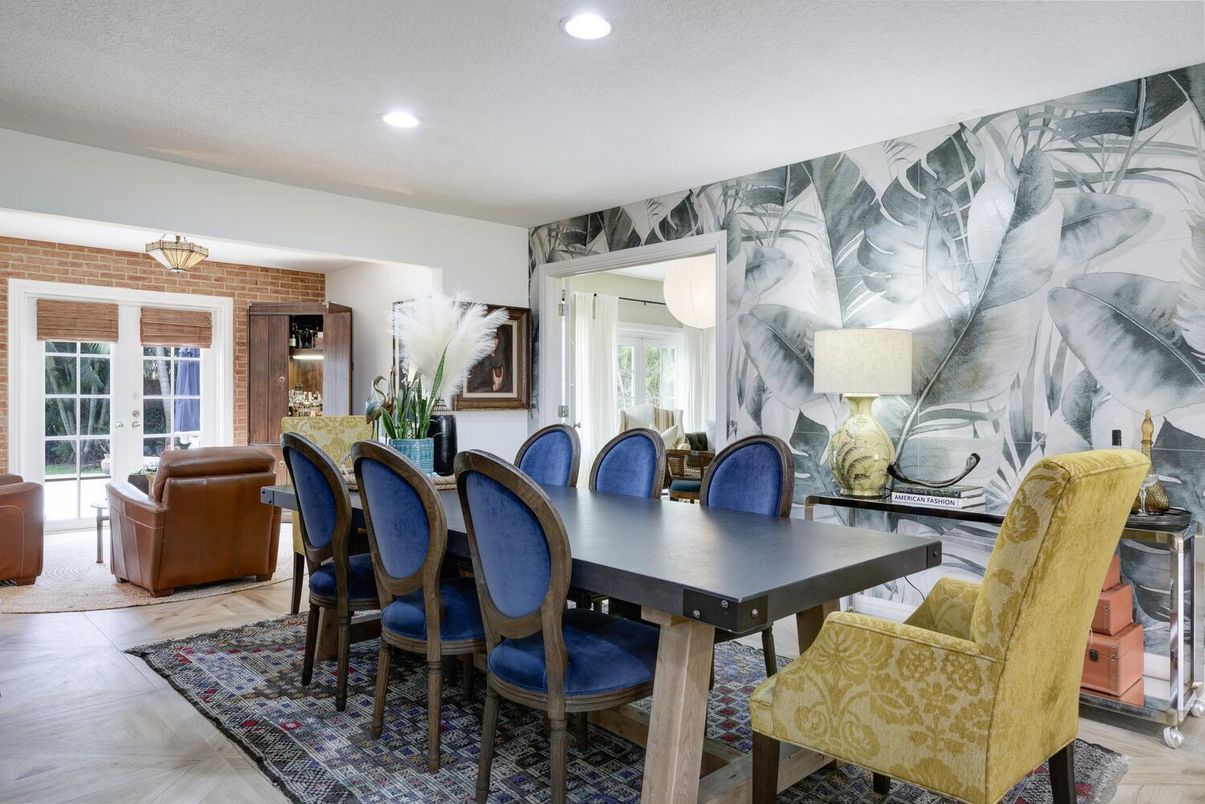 Dining room, Interior, Living room, Recessed Lighting, Wood Texture Flooring