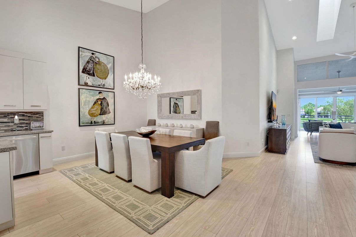 Chandelier, Dining room, Interior, Kitchen, Living room, Pendant Lights, Recessed Lighting, Wood Texture Flooring