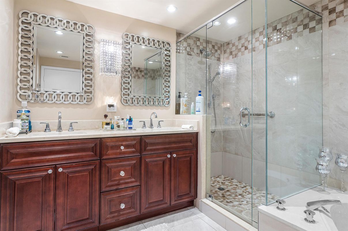 Bathroom, Dual Sink Vanities, Glass Shower, Interior, Recessed Lighting
