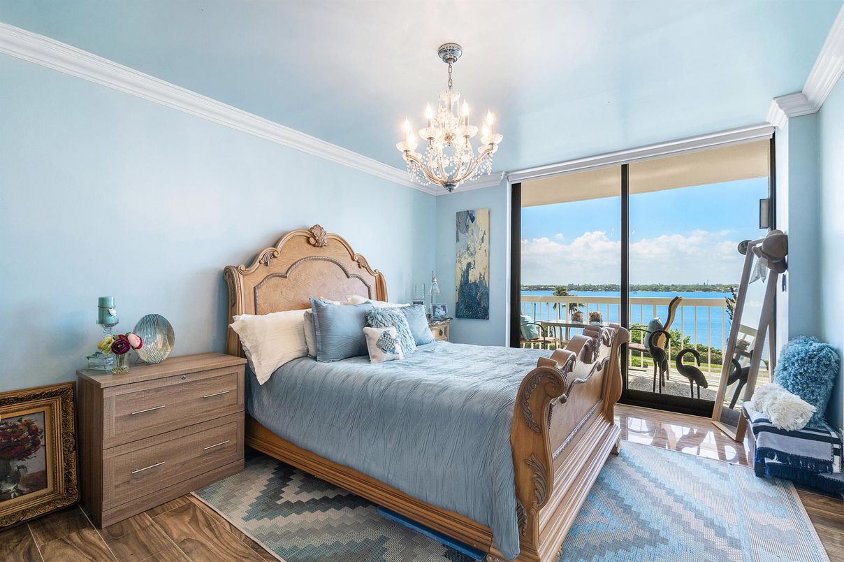 Bedroom, Chandelier, Interior, Water, Wood Texture Flooring