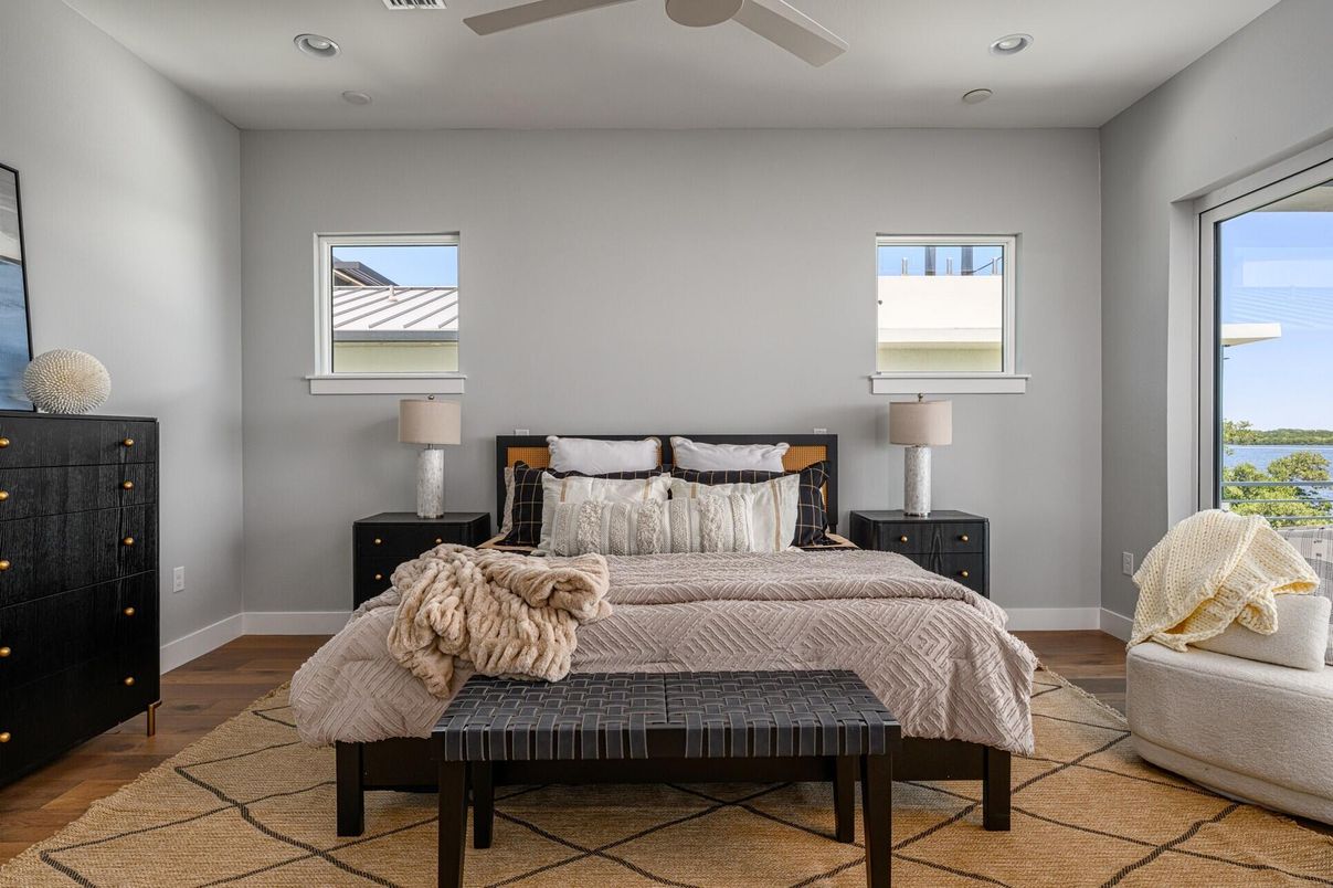 Bedroom, Interior, Recessed Lighting, Wood Texture Flooring