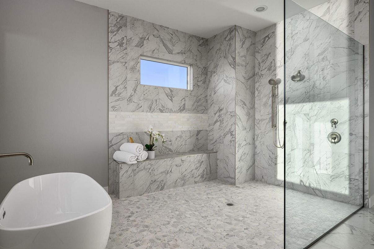 Bathroom, Free Standing Baths, Glass Shower, Interior, Marble Walls, Recessed Lighting
