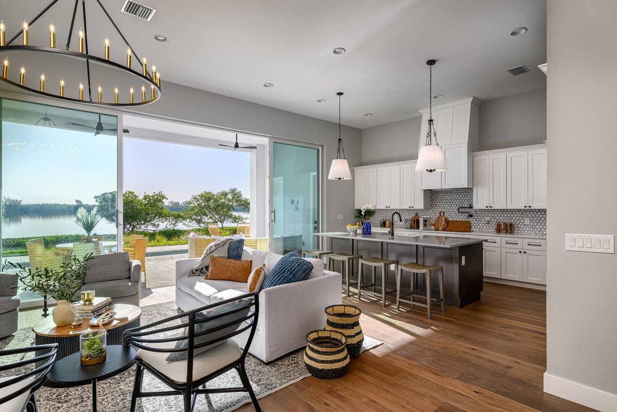 Interior, Kitchen, Living room, Pendant Lights, Recessed Lighting, Water, Wood Texture Flooring