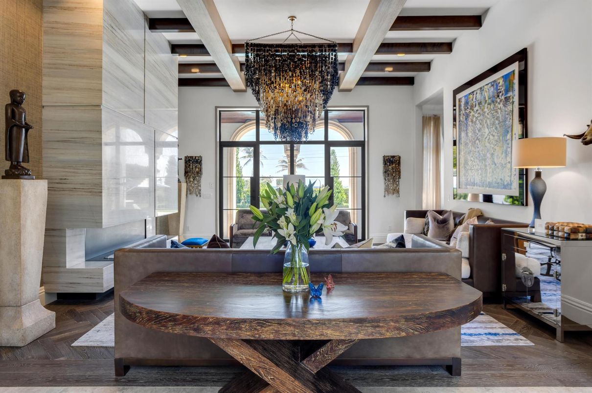 Chandelier, Interior, Living room, Wooden Beams, Wood Texture Flooring