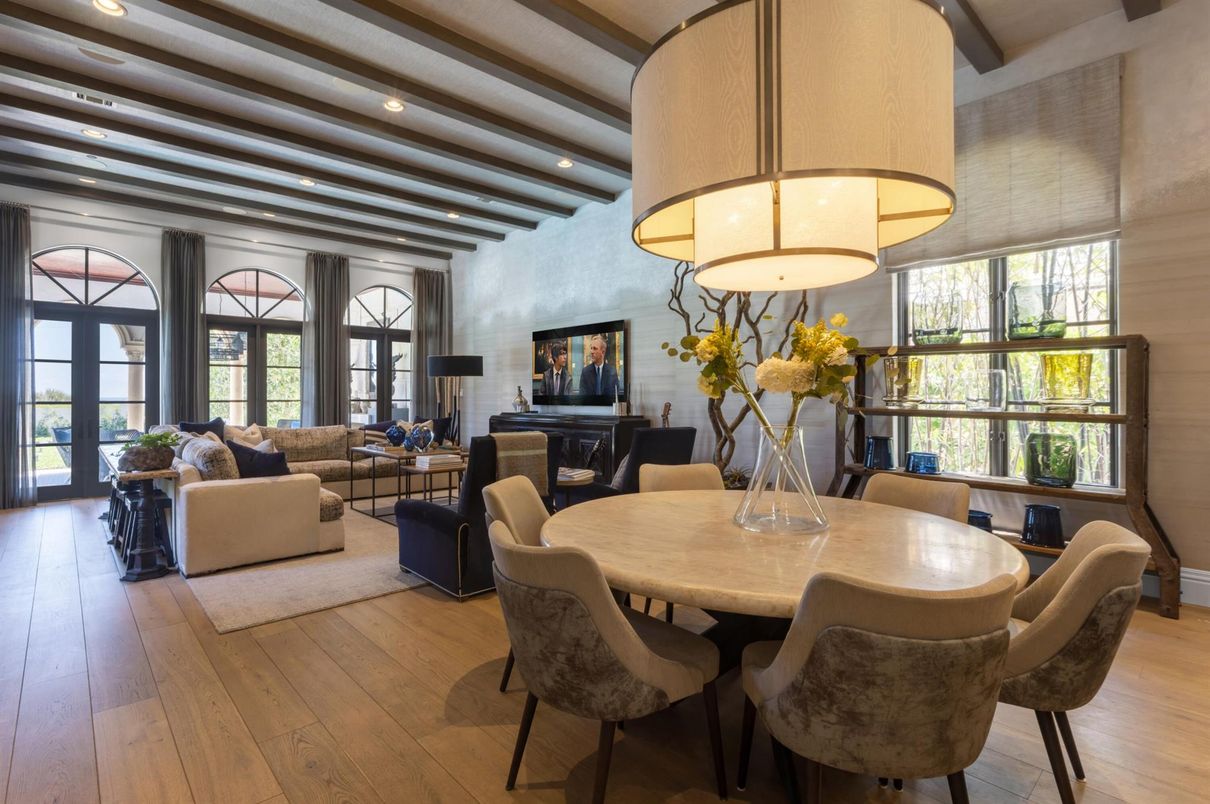 Dining room, Interior, Living room, Recessed Lighting, Wooden Beams, Wood Texture Flooring