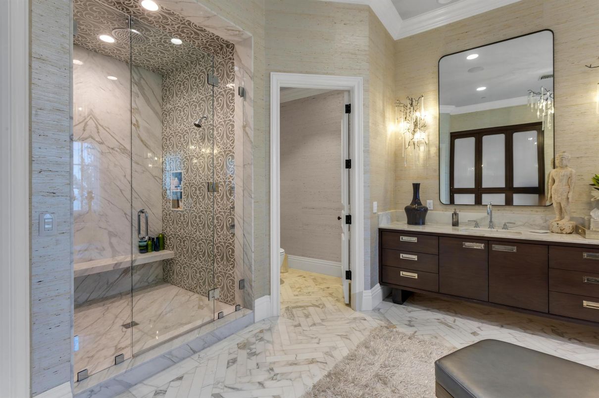 Bathroom, Glass Shower, Interior, Marble, Marble Walls, Recessed Lighting